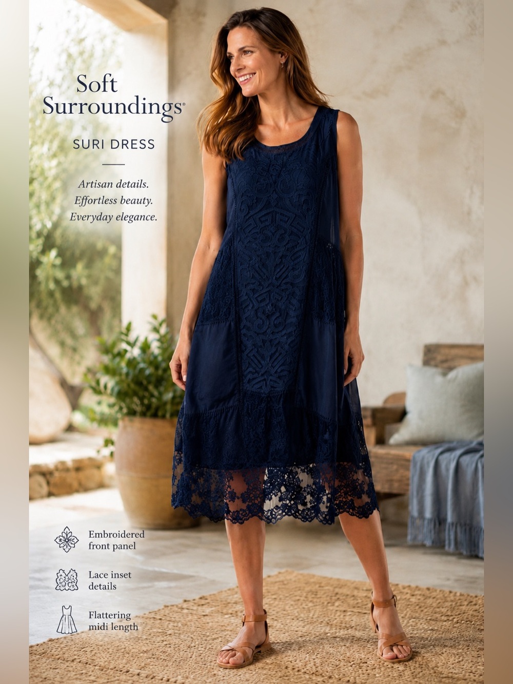 Soft Surroundings Suri Dress M Black Embroidered NWOT Lace Midi Sleeveless B